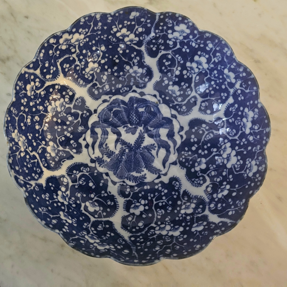 Blue White Antique Scalloped Transferware Bowl China